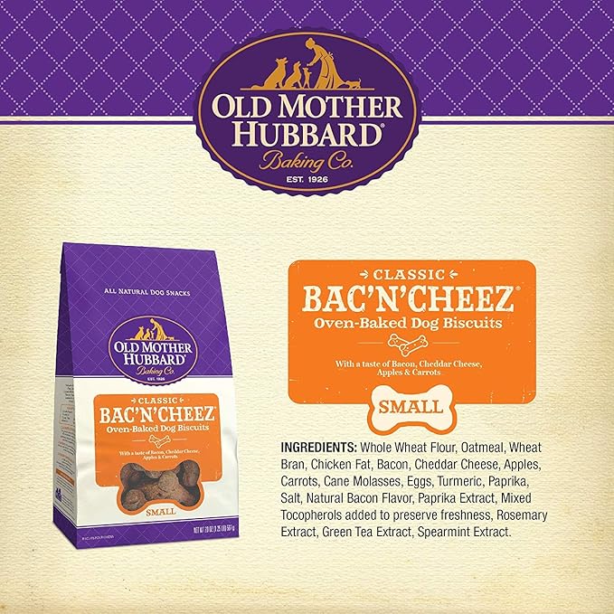 Old Mother Hubbard Crunchy Classic Natural Dog Treats, Bac'N'Cheez, Small Biscuits, 20-Ounce Bag/2PK