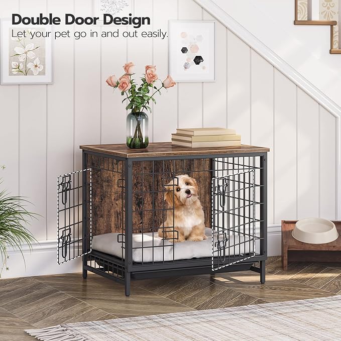 Dog Crate Furniture, Wooden Dog Kennel with Removable Tray, Heavy-Duty Dog Cage End Side Table, Indoor Dog House for Small/Medium/Large Dogs, 25.2" L, Rustic Brown DCHR0101Z