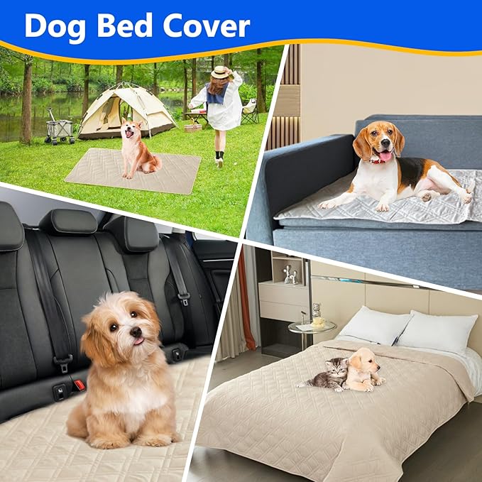 Dog Bed Cover, 100% Waterproof & Anti-Slip Pet Blanket Sofa Bed Mat, Reusable Bed Cover for Dogs, Washable Geometric Embroidery Mattress, Camping Pad for Pet/Dog/Cat (52x82 inch, Beige)