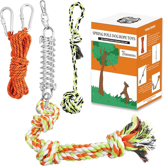 Spring Pole Dog Rope Toys: Dog Rope Pull & Tug of War Toy with a Big Spring Pole Kit & 2 Strong Dog Rope Toys & 16ft Rope - Muscle Builder Interactive Dog Toy for Pitbull Medium Large Dog Alaska