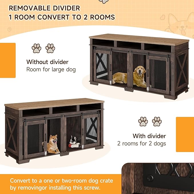 71" Extra Large Dog Crate Furniture,Wooden Double Dog Crates Kennel Cage,Furniture Style TV Stand Side End Table for 2 Dogs with Removable Divider for Large Dogs,Dark Walnut/Light