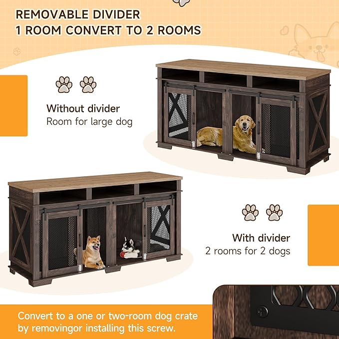 Dog Crate Furniture, 71" Heavy Duty Dog Kennel with 3 Storage Cubby for 2 Dogs, Versatile Dog House with Removable Divider and 2 Sliding Barn Door for Large Dog, Dark Walnut/Light Oak