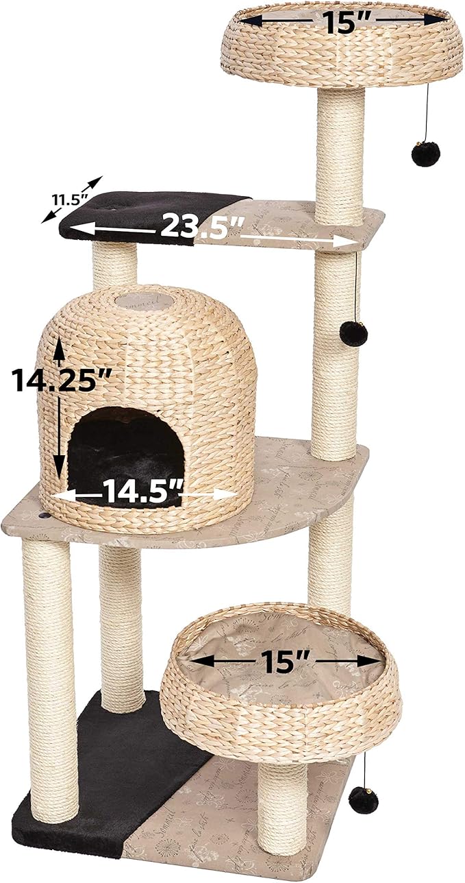 MidWest Homes for Pets Cat Tree | Biscayne Cat Furniture, 5-Tier Cat Tree w/Sisal Wrapped Support Scratching Posts & High Cat Look-Out Perch, Woven Rattan & Script, Large Cat Tree