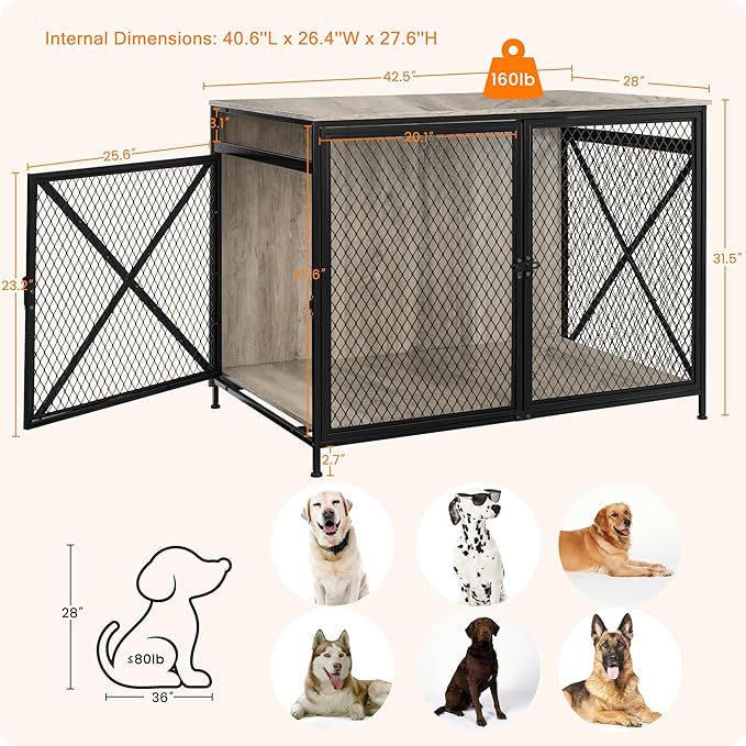 DWANTON Dog Crate Furniture, 42.5" L Three-Door Wooden Dog Kennel Indoor, Connectable expansion, Wooden Dog Crate Table for Small/Medium/Large Dog, Dog House, Dog Cage Large, Greige