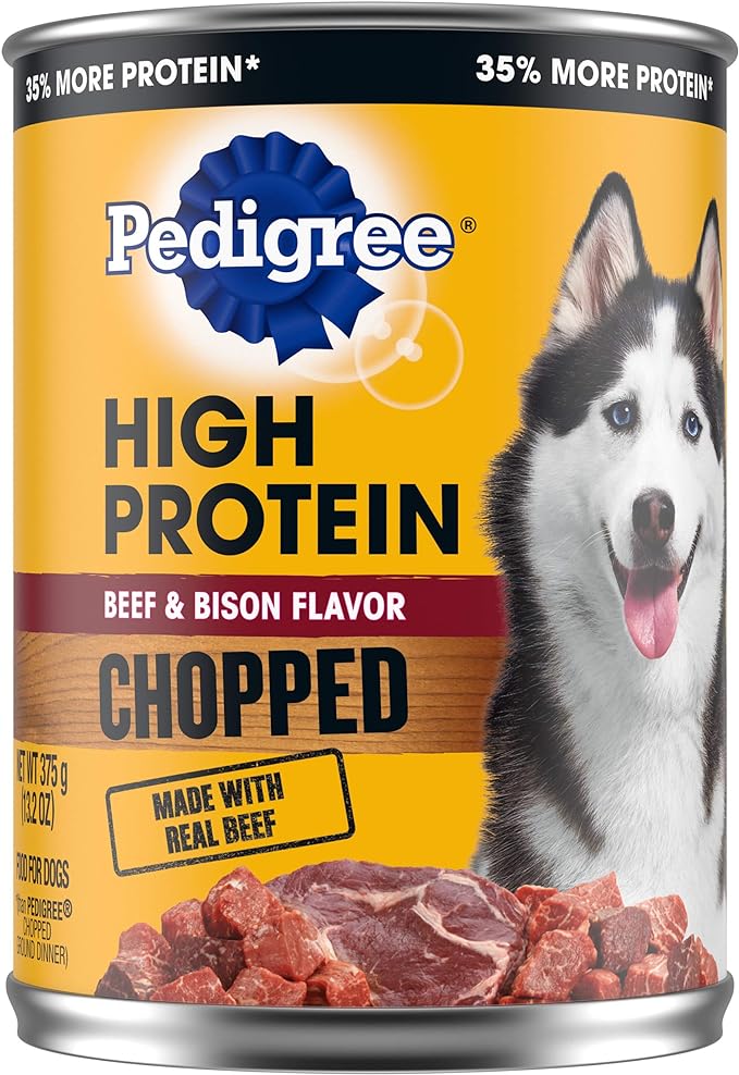 PEDIGREE High Protein Adult Canned Soft Wet Dog Food, Chopped Beef & Bison Flavor, (12) 13.2 oz. Cans