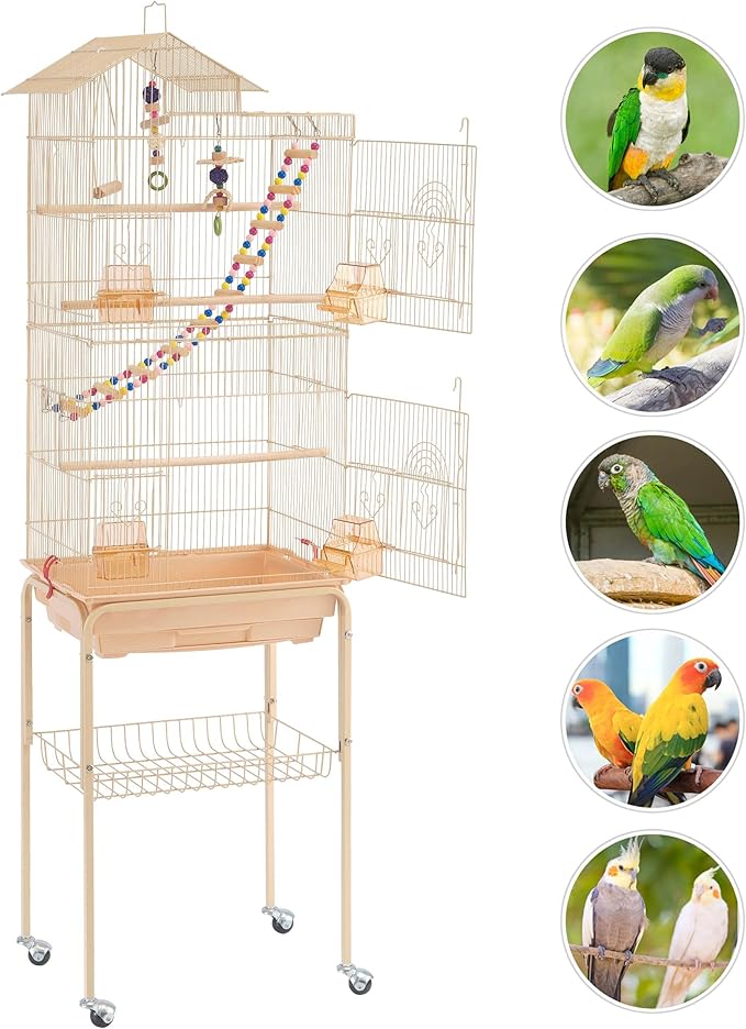 Yaheetech 62.4'' Roof Top Bird Cage Wrought Iron Rolling Parrot Cage for Medium Small Birds Budgies Cockatiels Parakeets Canary