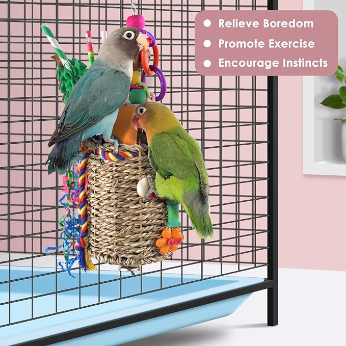 KATUMO Bird Toys, Parakeet Toys Bird Grass Basket Cockatiel Forgaging Toys Conure Shredding Toys for Small Bird Cage Toys Medium Parrot Toys