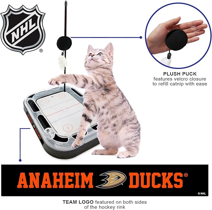 Pets First Cat Scratching Toy NHL Anaheim Ducks Hockey Field Cat Scratcher Toy with Interactive Cat Ball Bell in Tracks. 5-in-1 CAT Toy: Cat Wand Poll with Catnip Filled Plush Hockey Puck & Feathers.