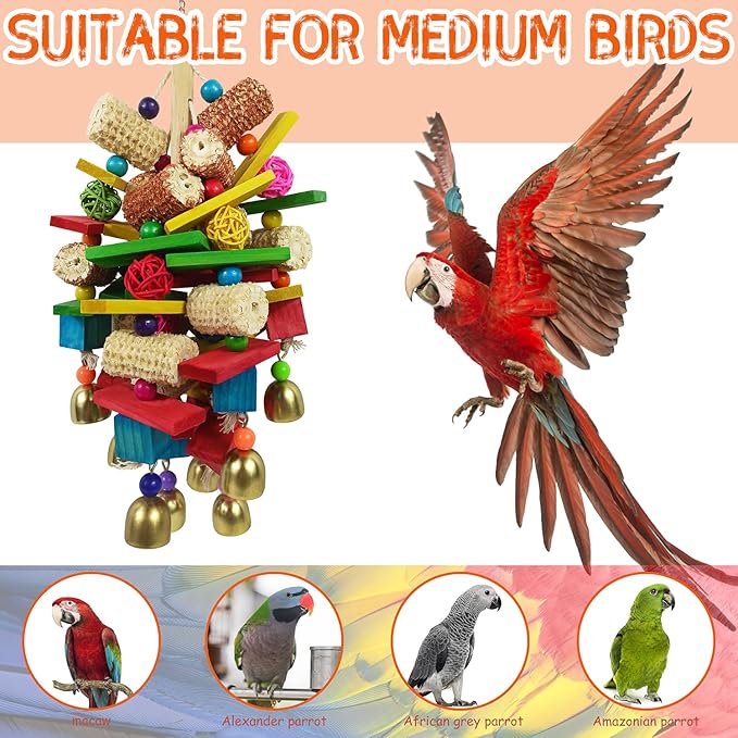 Bird Toys, Parrot Toys for Large Birds, Natural Peppered Wood African Grey Parrots, Macaws, Cockatoos, Amazon Parrot chew Toys, Aviary Hanging Toys