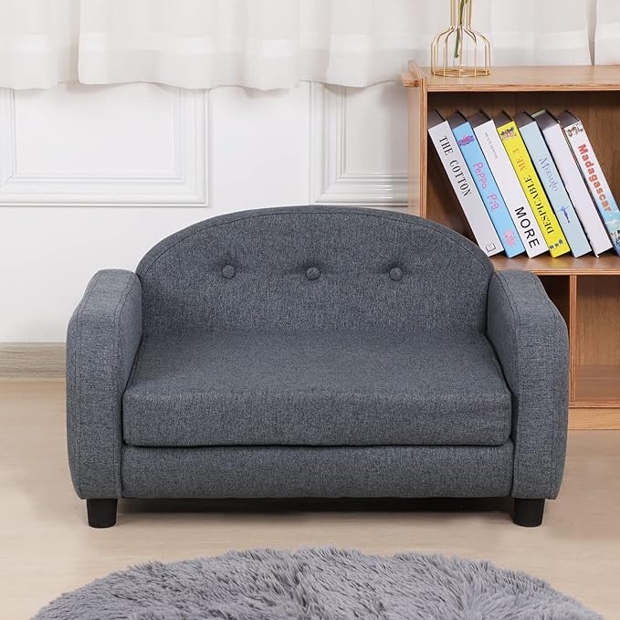 Dog Sofas and Chairs for Small Pet/Cat Sofa Bed with Wooden Frame/Bed for dogs with Linen Fabric/Cat Sofa Chair with Cushion/Dog Couch for Small Dog Rest Using (Grey)