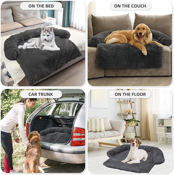 Calming Dog Bed Fluffy Plush Dog Mat for Furniture Protector with Removable Washable Cover for Large Medium Small Dogs and Cats (Extra Large(53x39.3x6), Dark Grey)