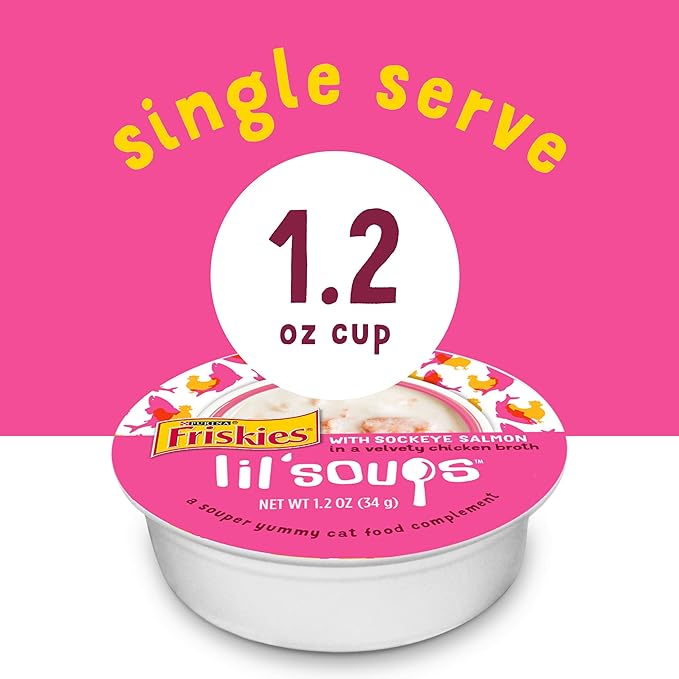 Purina Friskies Natural, Grain Free Wet Cat Food Lickable Cat Treats, Lil' Soups With Sockeye Salmon in Chicken Broth - (Pack of 8) 1.2 oz. Cups