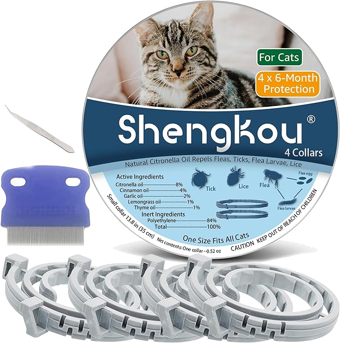 Flea and Tick Collar for Cats. Offers 4 * 6 Months of Protection. Made from Quality Essential Oils. Waterproof and Natural. Protects Kittens. Free Flea Comb and Tick Tweezers. (4 Pack - 13.8 inches)