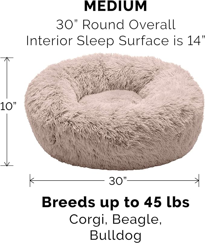 Furhaven 30" Round Calming Donut Dog Bed for Medium/Small Dogs, Refillable w/ Removable Washable Cover, For Dogs Up to 45 lbs - Shaggy Plush Long Faux Fur Donut Bed - Taupe, Medium