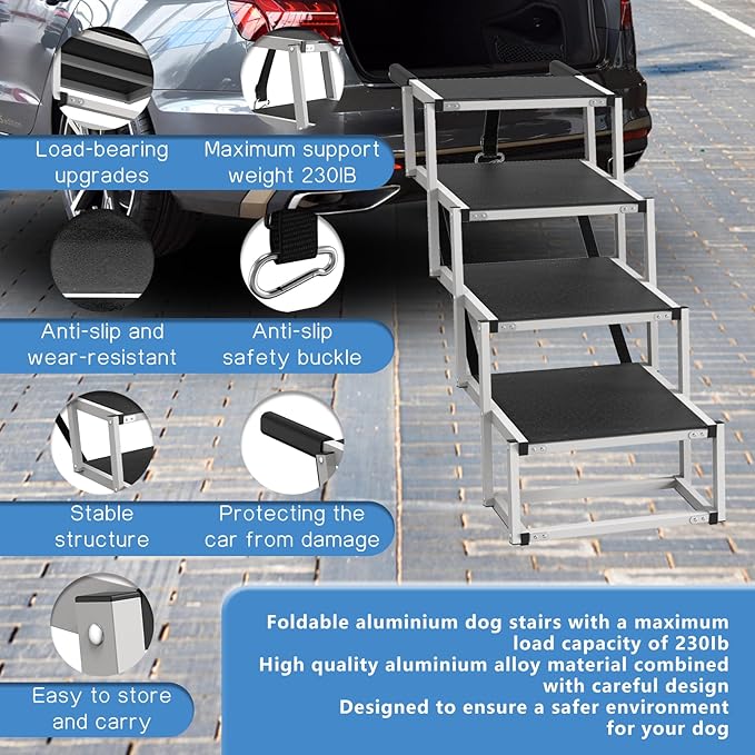 Dog Stairs for Large Dogs - 4 Step Foldable Dog Ramp for Car Non-Slip Surface Support up to 230lbs - Suitable for Small SUV, Sofas, Beds