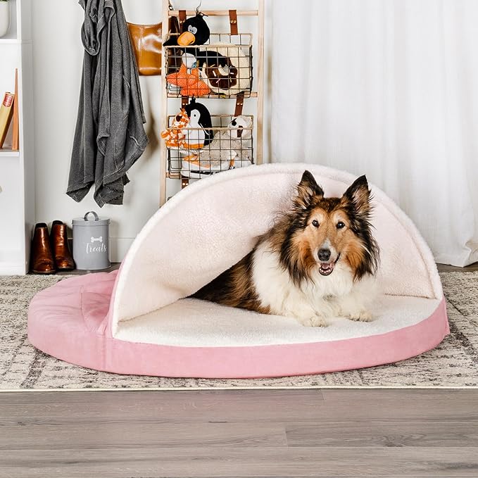 Furhaven 44" Round Cooling Gel Dog Bed for Large Dogs w/ Removable Washable Cover, For Dogs Up to 80 lbs - Sherpa & Suede Snuggery - Pink, 44-inch