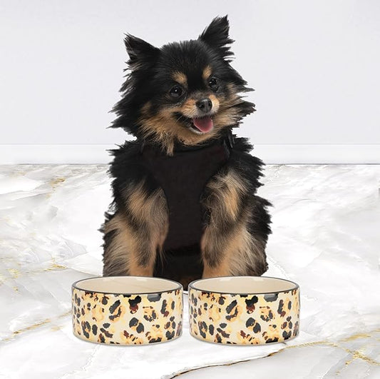 Juicy Couture Dog Bowl Set – 2 Piece 16oz Ceramic Dog Bowls, Dishwasher Friendly, Slip & Scratch Resistant Dog Water Bowl, Pet Feeder for Small & Medium Puppy (Leopard)