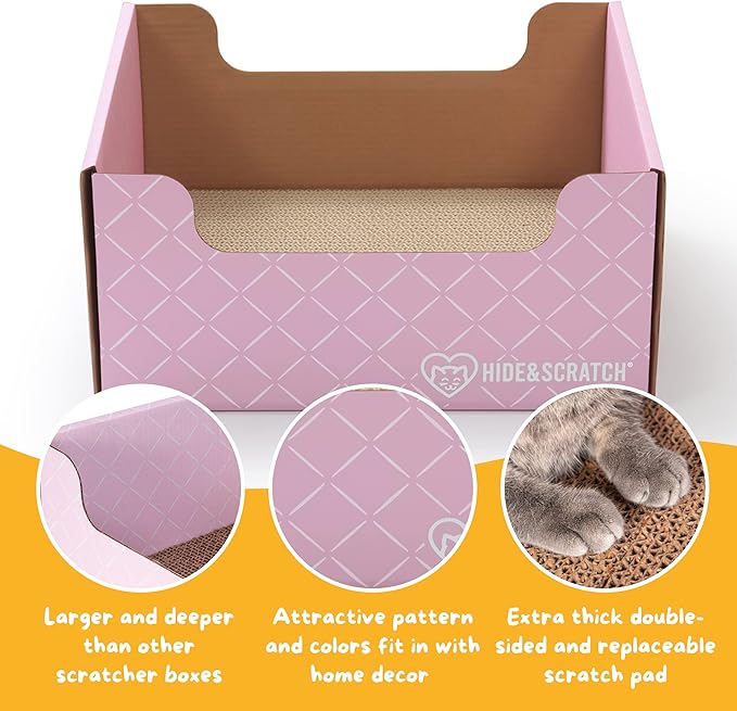 Hide & Scratch Extra-Large Heavy Duty Cardboard Cat Scratcher Box and Cat Bed with Refillable Scratch Pad