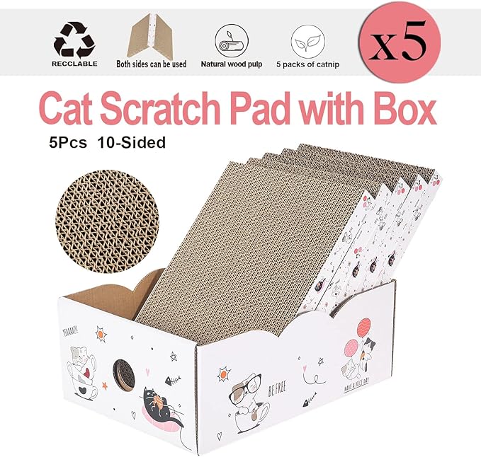 5 Packs in 1 Cat Scratch Pad with Box, Cat Scratcher Cardboard,Reversible,Durable Recyclable Cardboard, Suitable for Cats to Rest, Grind Claws and Play with Scratch Box