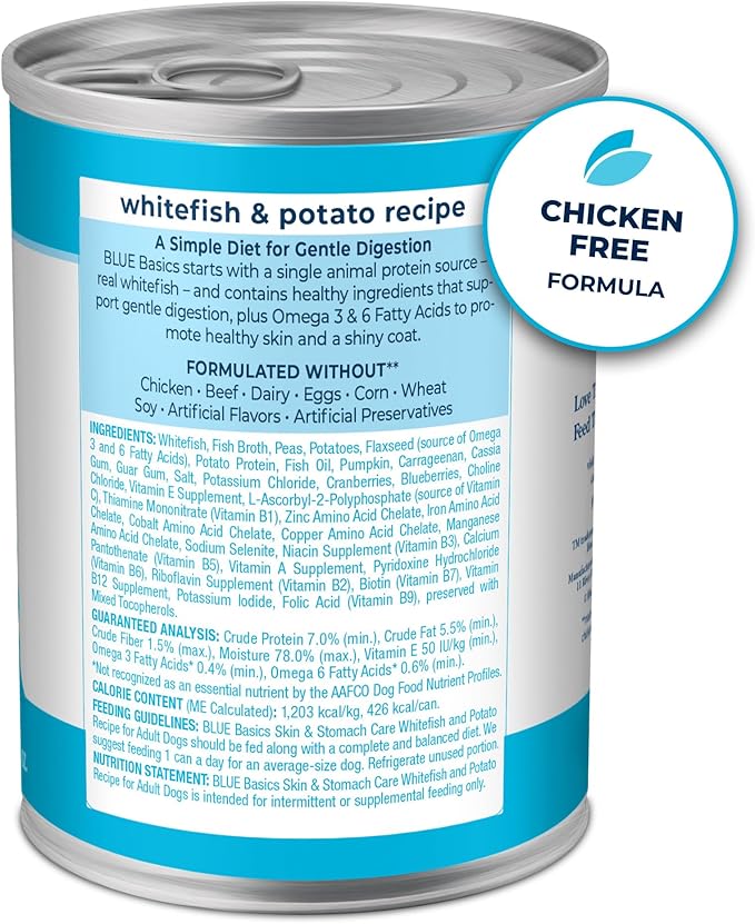 Blue Buffalo Basics Grain-Free Adult Wet Dog Food, Skin & Stomach Care, Limited Ingredient Diet, Whitefish Recipe, 12.5-oz. Can, 12 Count