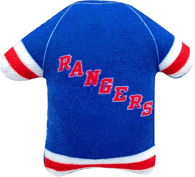 BEST PLUSH CAT TOY: NHL NEW YORK RANGERS Complete Set of 3 piece Cat Toys filled with Fresh Catnip. Incl: 1 Jersey Cat Toy, 1 Hockey Puck Cat Toy with Feathers & 1 #1 Fan Cat Toy. All with Team LOGOS