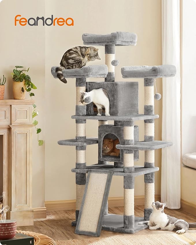 FEANDREA 67-Inch Multi-Level Cat Tree for Large Cats, with Cozy Perches, Stable, Light Gray UPCT18W