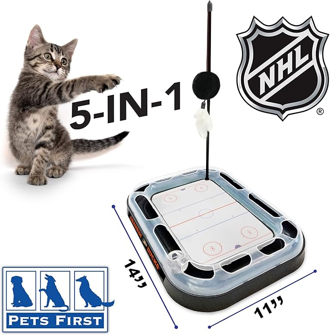 Pets First Cat Scratching Toy NHL Anaheim Ducks Hockey Field Cat Scratcher Toy with Interactive Cat Ball Bell in Tracks. 5-in-1 CAT Toy: Cat Wand Poll with Catnip Filled Plush Hockey Puck & Feathers.