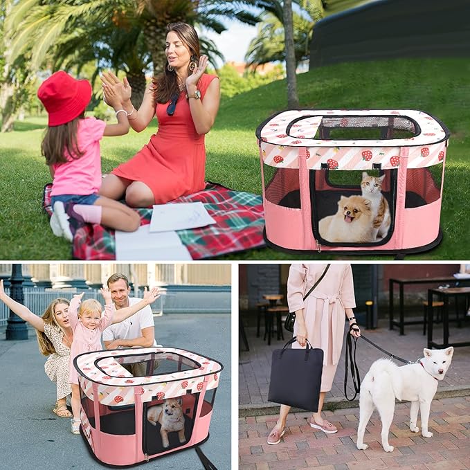 Portable Foldable Pet Playpen Collapsible Crates Kennel Playpen for Dog cat and Rabbit &Travel playpen Outdoor or Indoor (M, Pink)