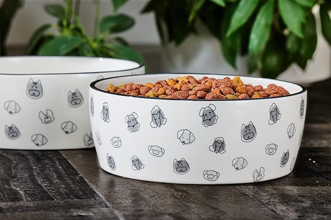 Pearhead Dog Faces Pet Bowl, Dog Water and Food Dish, Pet Owner Dog Accessory, Ceramic Dog Bowl, Microwave and Dishwasher Safe, Gray and White, Holds 9 Cups, Large
