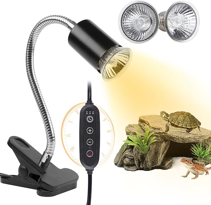 Reptile Heat Lamp with Clamp (Cycle Timer), Turtle UVA UVB Light Bulb-2 Pack 50W, 360°Rotatable Basking Lamp for Tortoise, Lizard, Beared Dragon