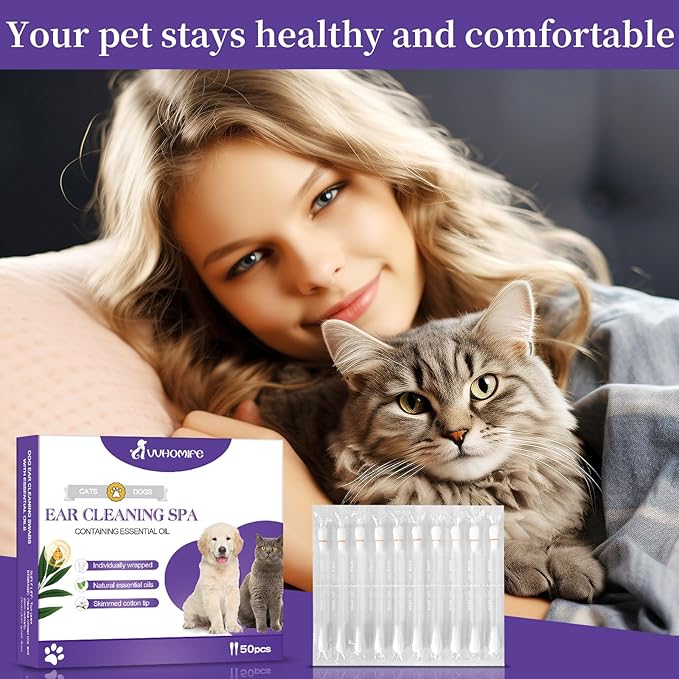 2-in-1 Pet Ear Cleaning Liquid Swabs - Cat & Dog Ear Cleaner Solution - Gentle & Effective Ear Care - for Daily Ear Cleaning Removes Wax, Dirt, & Odor