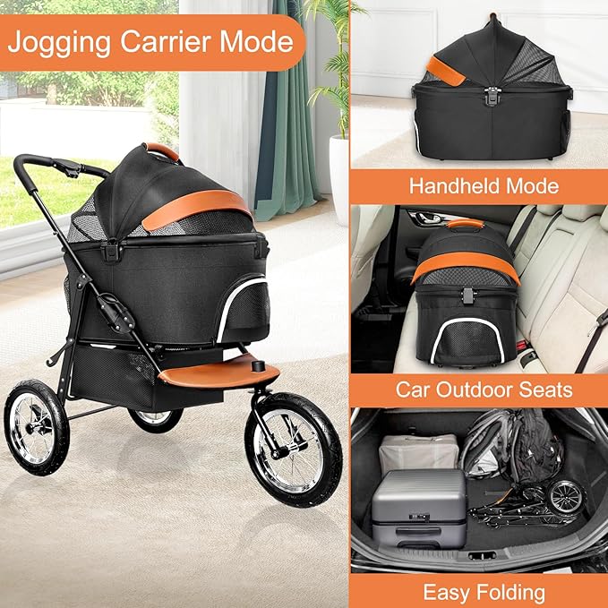 Dog Strollers for Medium Small Pet - 3 in 1 Pet Stroller Cats/Dogs, Zipperless Entry, Jogging Tires, 3 Wheels with Detachable Dog Carriage, Storage Basket and Easy One-Hand Fold