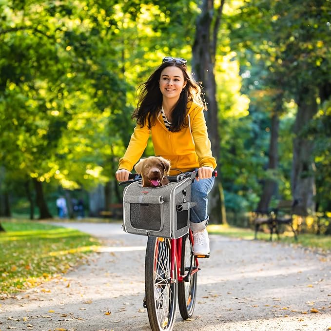 Dog Bike Basket, Expandable Soft-Sided Reflective Pet Carrier Backpack with 4 Open Doors, 4 Mesh Windows for Medium Small Dog Cat Puppies (Grey)