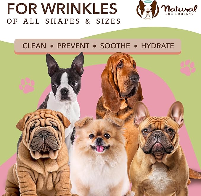 Natural Dog Company Wrinkle Wipes for Dogs, 50 Count, Hypoallergenic Dog Wipes, Wrinkle Wipes French Bulldog, Cleaning & Deodorizing, Dog Wipes for Grooming Faces, Paws & Butts