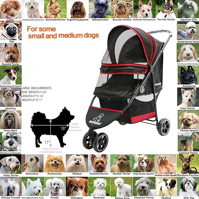 ROODO Escort 3Wheel Dog Stroller Pet Strollers Small Medium Dogs Cat Kitty Cup Holder Lightweight Foldable Portable Compact Pet Gear Jogger Puppy Travel System Foldable(Black)