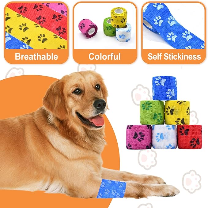 6 Roll 2 Inch x 5 Yards Paw Print Pet Vet Wrap for Dogs Cats, Cohesive Bandages in Bulk, Colorful Non-Woven Self Adhesive Bandages Wrap Roll for Pet Animals Wound Care, Ankle Sprains and Swelling