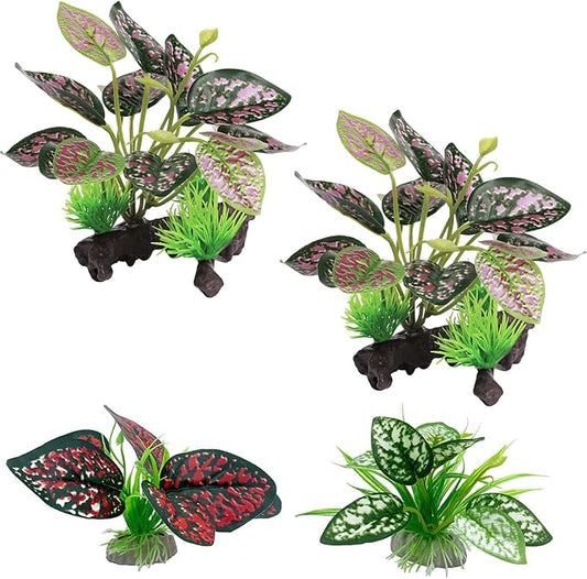 Reptile Artificial Plants, Terrarium Plants Decorations Supplies, Aquarium Fish Tank Plant, Amphibian Habitat Hideout Tank Accessories(M Set-4pcs/A)