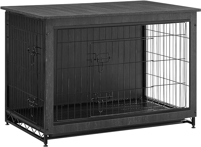 Feandrea Dog Crate Furniture, Side End Table, Modern Kennel for Dogs Indoor up to 70 lb, Heavy-Duty Dog Cage with Multi-Purpose Removable Tray, Double-Door Dog House, Ink Black UPFC003B01