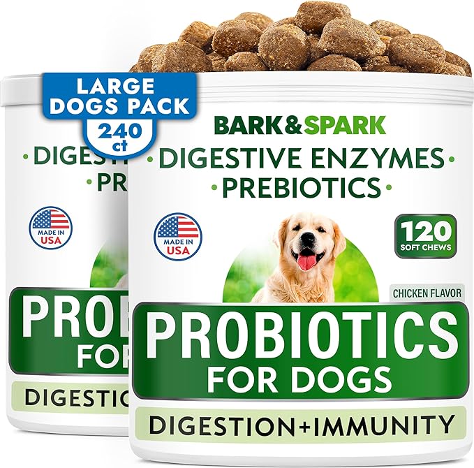 Bark&Spark Dog Probiotics & Digestive Enzymes (Gut Health) Allergy & Itchy Skin - Pet Diarrhea Gas Treatment Upset Stomach Relief, Digestion Health Prebiotic Supplement Large Dog Treats (240Ct Bacon)