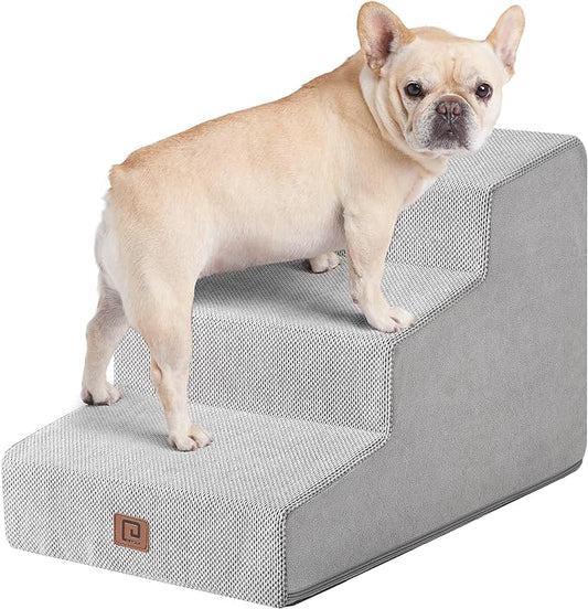 EHEYCIGA Dog Stairs for Small Dogs 15.7" H, 3-Step Dog Steps for Small Dogs and Cats, Slope Pet Steps with Non-Slip Bottom, Light Grey