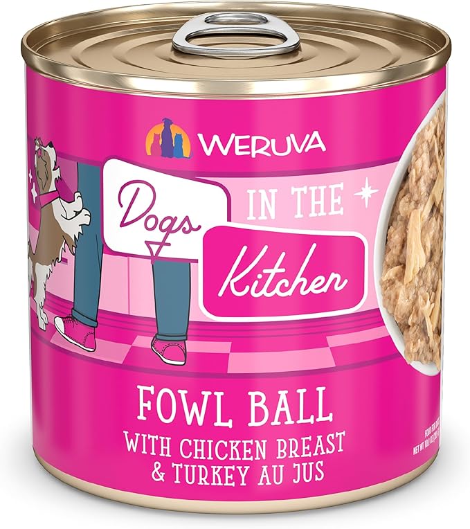 Weruva Dogs in The Kitchen, Fowl Ball with Chicken Breast & Turkey Au Jus Dog Food, 10oz Can (Pack of 12)