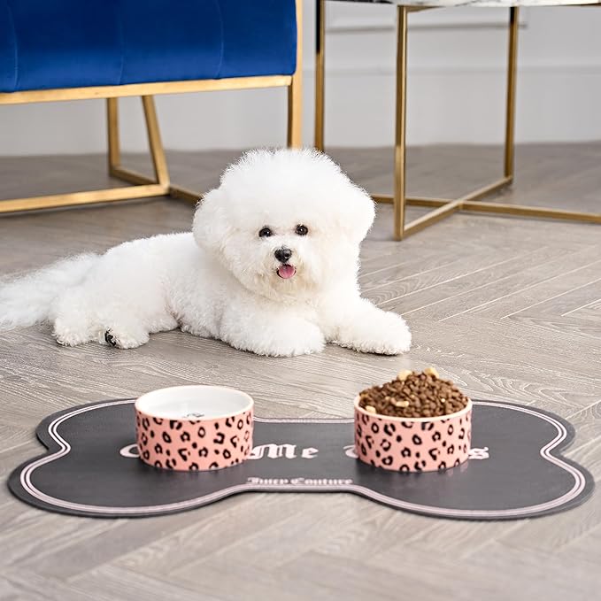 Juicy Couture Give Me Treats Pet Placemat - Bone Shaped - Black -16"x24" - Dog & Cat Food Mat