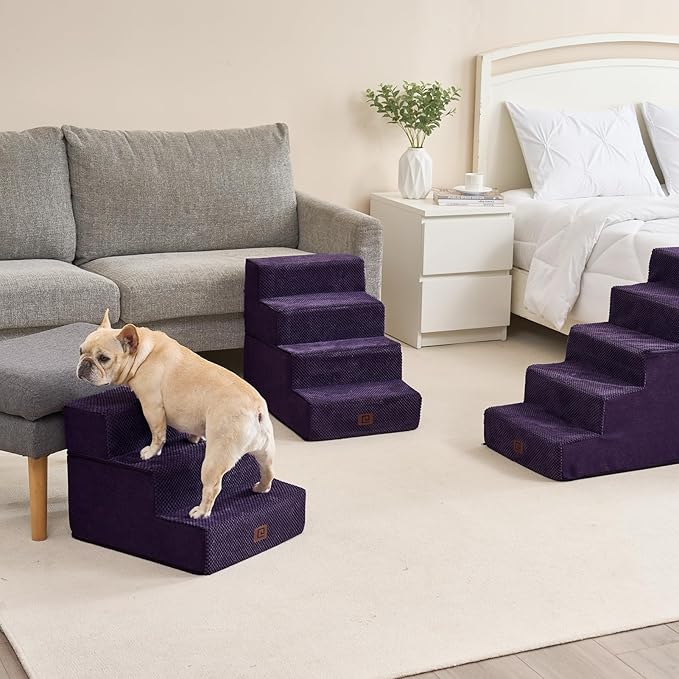 EHEYCIGA Dog Stairs for Small Dogs 13.5" H, 3-Step Dog Steps for Couch Sofa and Chair, Pet Steps for Small Dogs and Cats, Non-Slip Balanced Dog Indoor Ramp, Purple