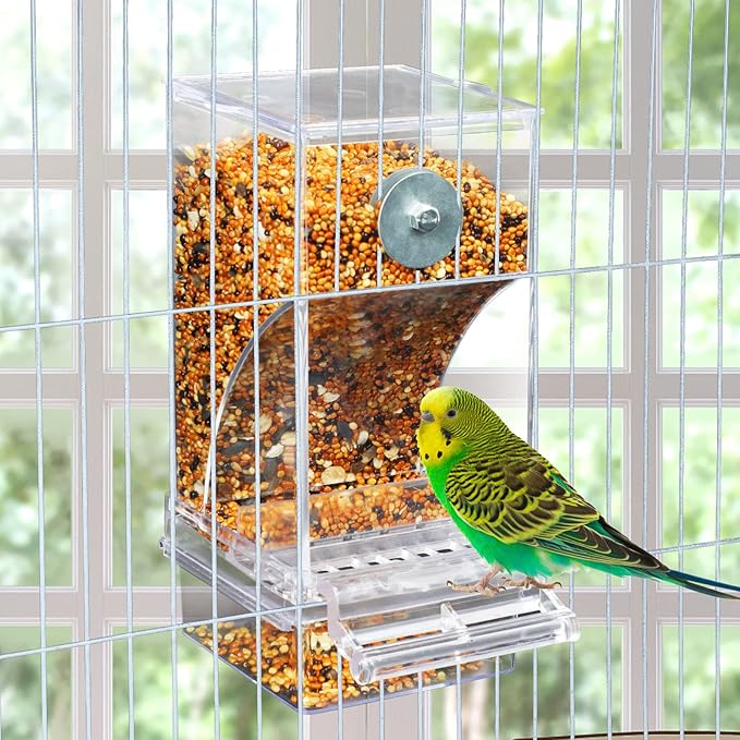 Rypet 2 Pack No Mess Automatic Bird Feeder Transparent Food Container Cage Acrylic Parrot Feeder Accessories for Small Birds Parrot Cockatoo Canary