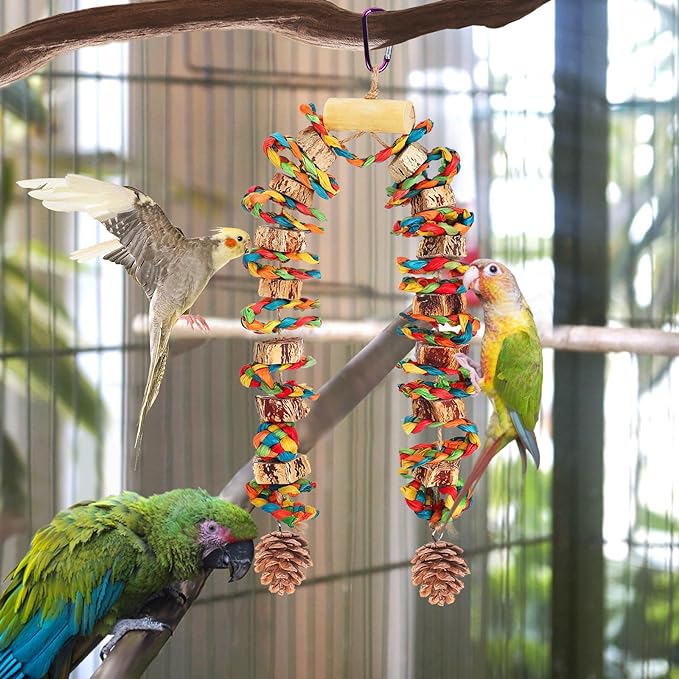 Bird Toys Parrot Toys - Bird Chewing Toy with Natural Starfruit Wood & Pine Cones for Small and Medium-Sized Parakeets Cockatiels Conures Lovebirds Cockatoos African Grey Amazon Parrots