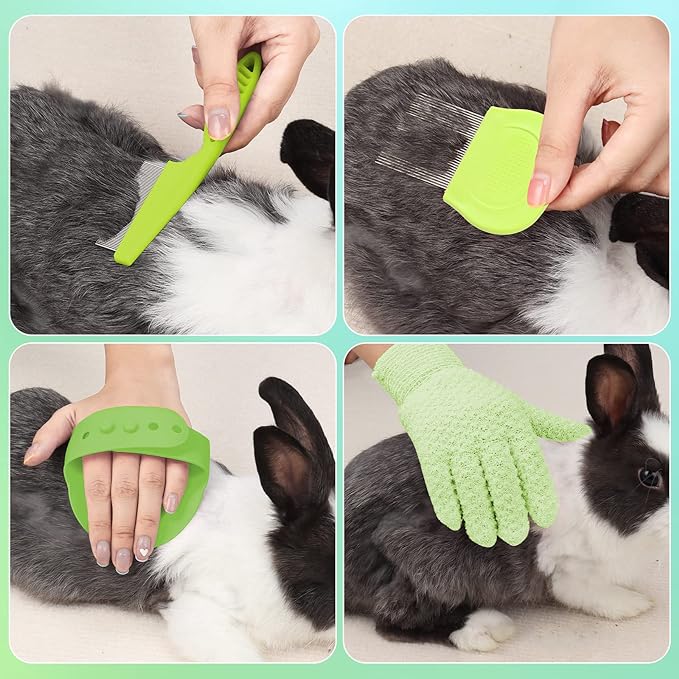 8 Pcs Small Animal Pink Grooming Kit, Rabbit Grooming Kit with Pet Nail Clipper and File, Flea Comb, Pet Shampoo Bath Brush , Pet Shedding Slicker Brush, Bath Massage Glove, Cleaning Comb (Green)