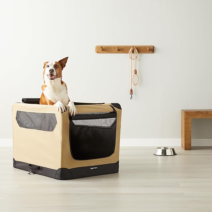 Amazon Basics - Folding Soft Crate for Cat, Dog, Rabbit, 36 Inch, Tan, 35.8"L x 24.0"W x 24.0"H