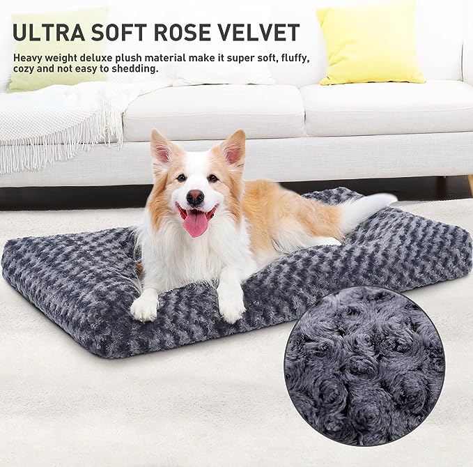 KSIIA Washable Dog Bed Deluxe Plush Dog Crate Beds Fulffy Comfy Kennel Pad Anti-Slip Pet Sleeping Mat for Large, Jumbo, Medium, Small Dogs Breeds, 41" x 27", Dark Grey