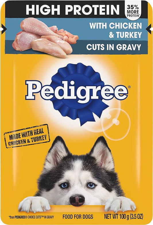 Pedigree High Protein Wet Dog Food Pouches, with Chicken and Turkey Cuts in Gravy, 3.5 oz. Pouches, 16 Count