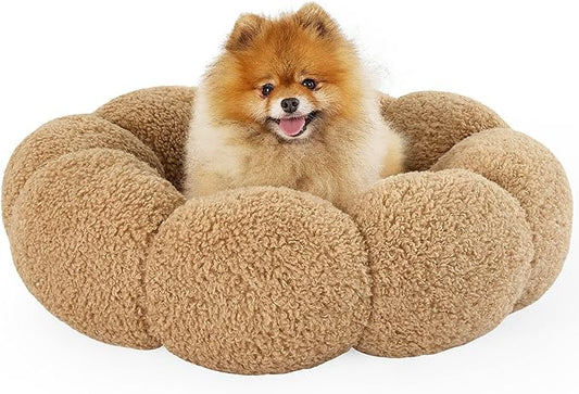 Lesure Calming Small Dog Bed - Flower Donut Round Fluffy Puppy Bed in Plush Teddy Sherpa, Non-Slip Cute Flower Cat Beds for Indoor Cats, Small Pet Bed Fits up to 25 lbs, Machine Washable, Camel 23"